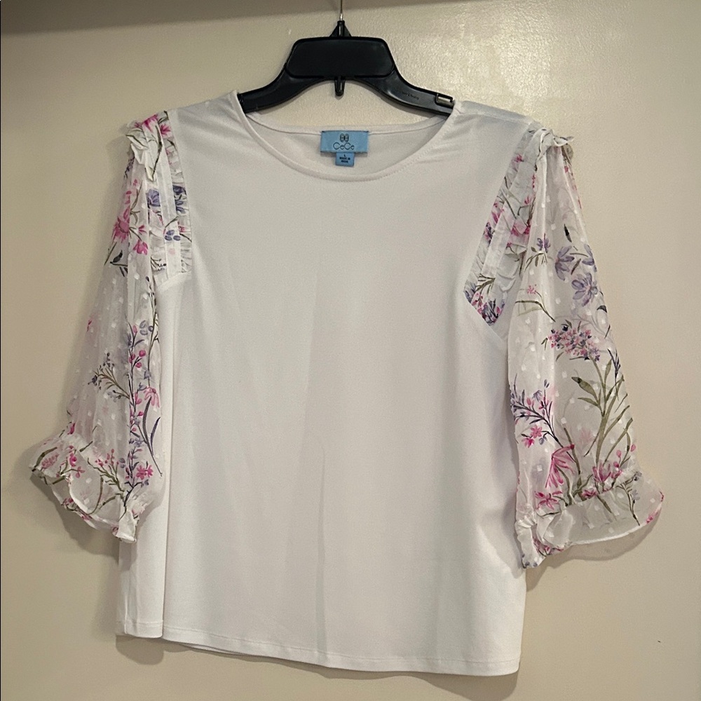 CeCe White Blouse with Pink Floral Sleeves